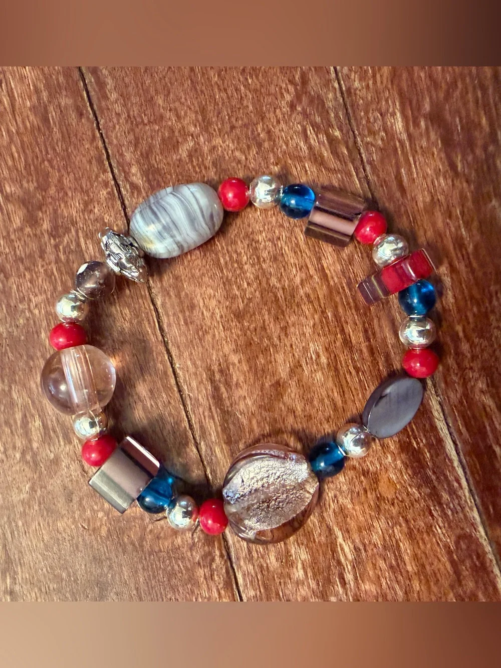 Handcrafted Multicolor Beaded Stretch Bracelet - Red, Blue & Silver